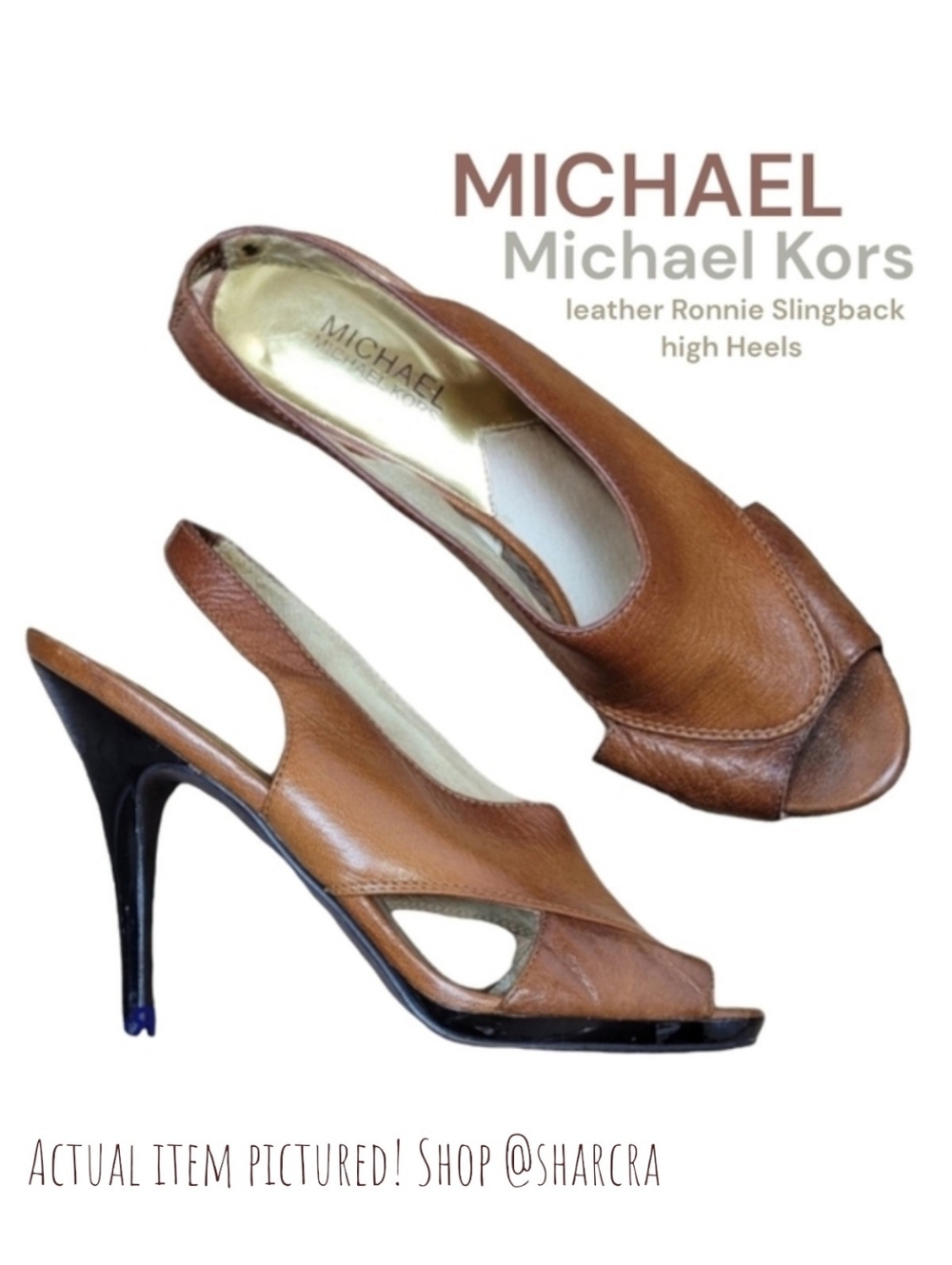 Michael Kors Women Ronnie Slingback leather open toe Shoes high Heels brown 8.5
